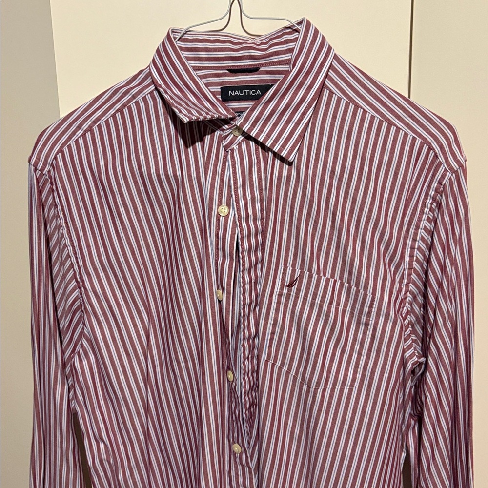 Nautica Burgundy and White Striped Button-Up size large men’s shirt